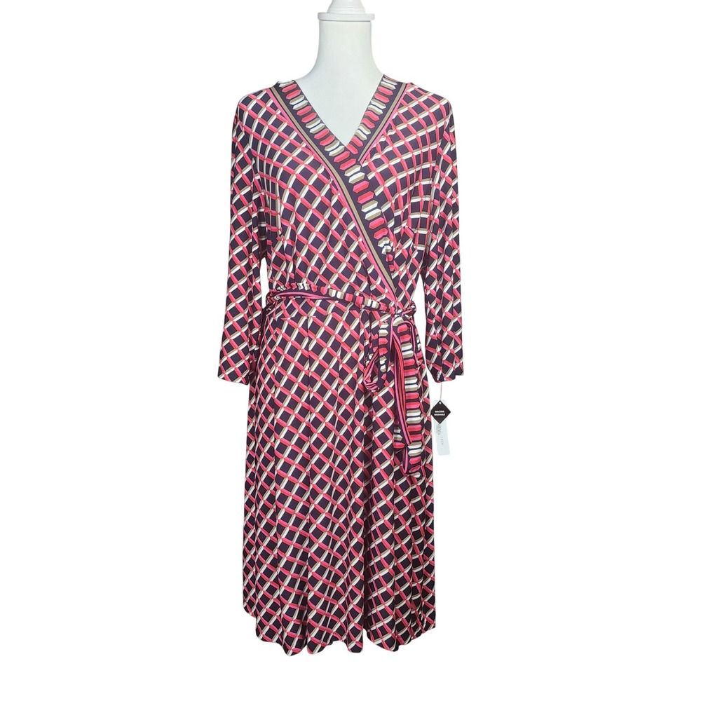 Sandra Darren Faux Wrap Dress Womens 1X Pink Navy Belted Stretch Office Business